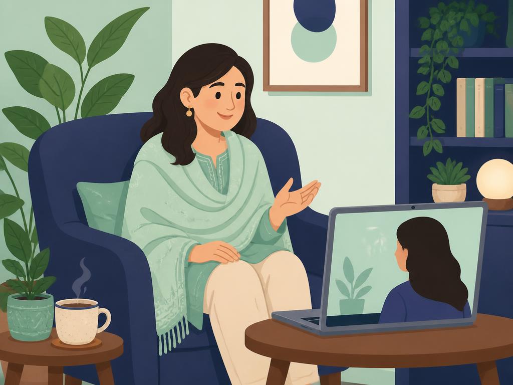 A warm therapist on a video call with a client