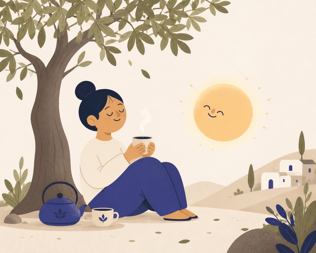 Illustration of a person having chai under a tree with a glowing companion nearby
