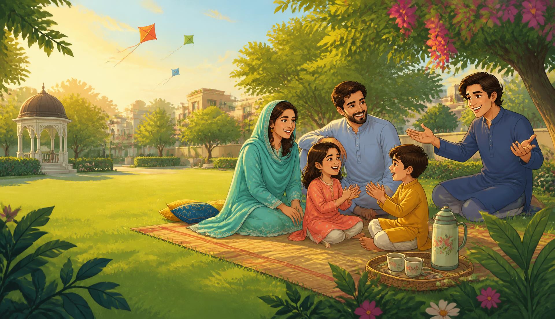 A smiling Pakistani family sharing a joyful morning with their children in a leafy park